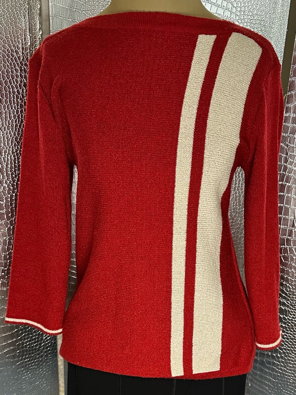 Woolworths Off-the-Shoulder Red Sweater with Cream Stripe